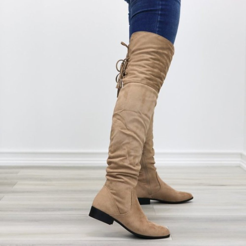 Tan Suede Thigh High Flat Boot With Lace Up Back - Picture 7 of 14